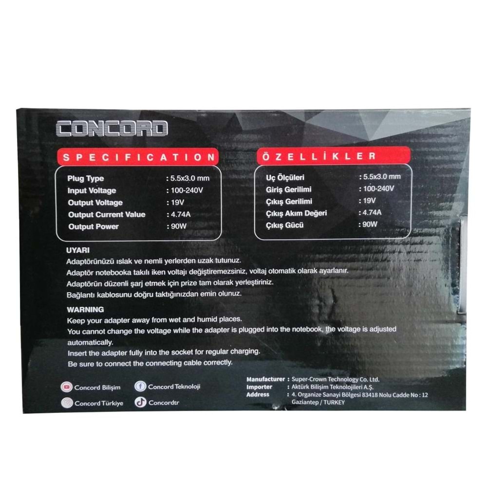 PdaTeknoloji Concord 19V Samsung Notebook Şarj Adaptörü C-1507 - Siyah