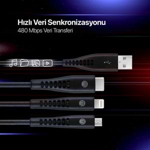Mojue by Ttec Trio Şarj Kablosu USB-A - USB-C / Lightning / Micro USB 150cm 3DK44S Siyah