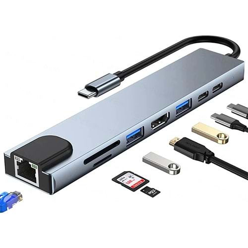 Shaza 8 in 1 USB Type-C Hdmi USB Ethernet PD Girişli Hub Port Adaptör