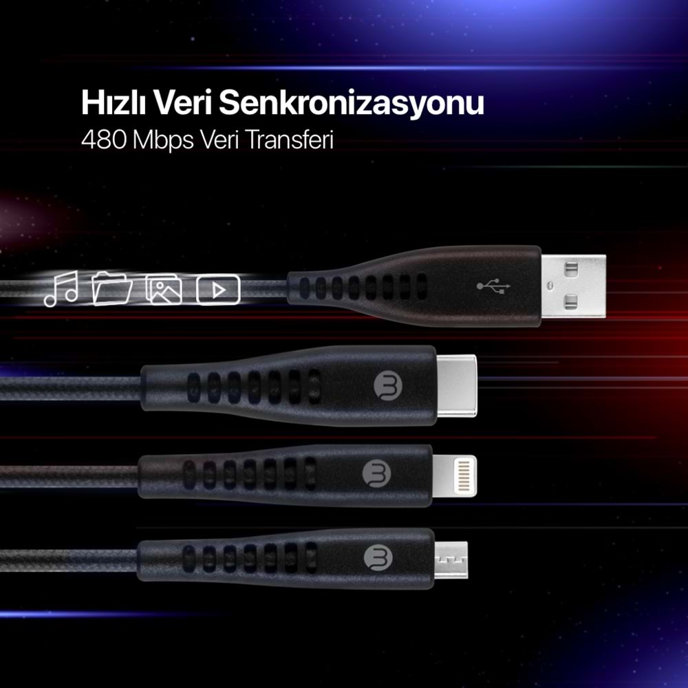 Mojue by Ttec Trio Şarj Kablosu USB-A - USB-C / Lightning / Micro USB 150cm 3DK44S Siyah