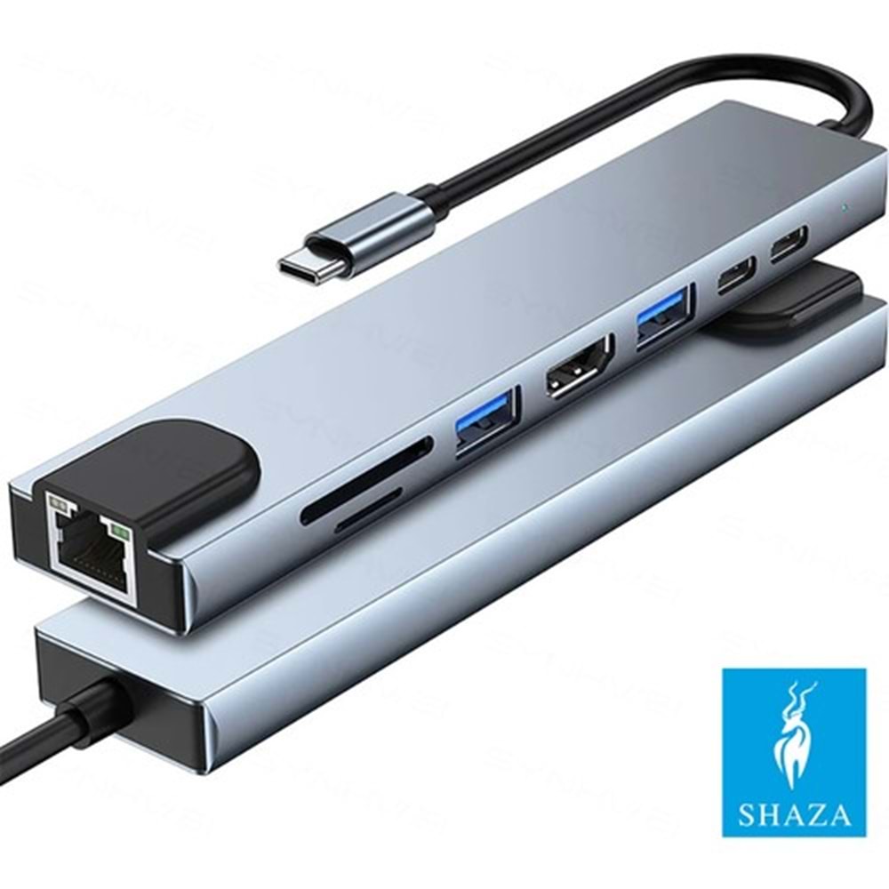 Shaza 8 in 1 USB Type-C Hdmi USB Ethernet PD Girişli Hub Port Adaptör
